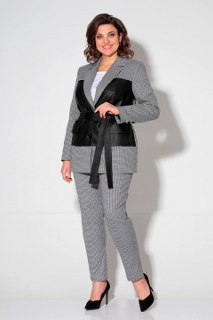 Демисезонный деловой комплект из текстиля с жакетом и брюками Liona Style 808 черный/крупная_клетка - фото 1