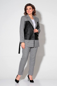 Демисезонный деловой комплект из текстиля с жакетом и брюками Liona Style 808 черный/крупная_клетка - фото 2