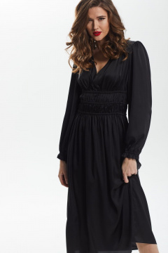 платье приталенное с сборкой и рюшей из искусственного шёлка DAVA 138 черный - фото 1