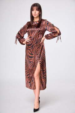 Платье длинное с разрезом и лентами, приталенное мультиколор Anelli 1212 терракот_зебра - фото 1