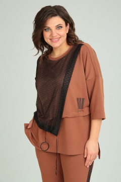 Комплект из брюк-кюлот и джемпера с сеткой и принтом Michel chic 1329 рыжий - фото 3