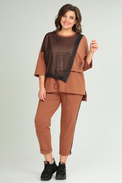 Комплект из брюк-кюлот и джемпера с сеткой и принтом Michel chic 1329 рыжий - фото 2