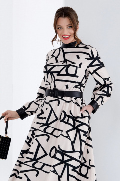 Демисезонное платье с принтом, эко кожей и карманами Lissana 4679 персик - фото 2