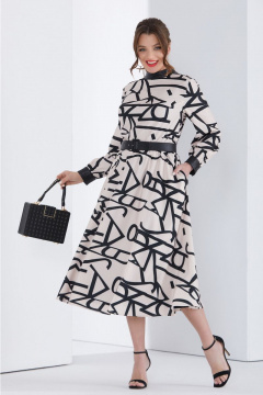 Демисезонное платье с принтом, эко кожей и карманами Lissana 4679 персик - фото 1