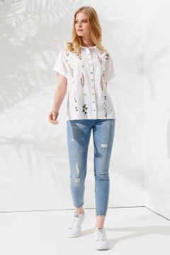 Белая нарядная блузка из хлопка с вышивкой и коротким рукавом Панда 91841w белый - фото 1