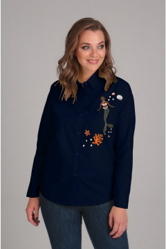 Свободная блуза с вышивкой и длиннее спинкой из хлопка Таир-Гранд 62254 тем.синий - фото 1