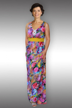 Летний сарафан с приталенным силуэтом и вырезом «мысиком» Таир-Гранд 6406 розовые_розы+желтый - фото 1