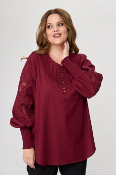 Блуза женская из хлопка с художественной вышивкой и классическими брюками SandyNa 130516 винно-черный - фото 2