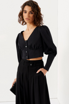 Блуза короткая с глубоким V и объемными рукавами из хлопка Панда 132140w черный - фото 1