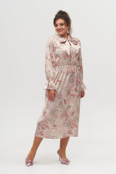 Платье из вискозы с фигурным вырезом и эластаном, на резинке Anelli 1322 бежевые_цветы - фото 1