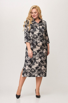 Платье-рубашка из плательной ткани с поясом и карманами Slaviaelit 414 черный_с_бежевым - фото 2