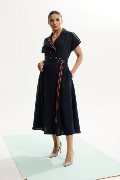 платье летнее из льна с запахом и декоративной тесьмой DAVA 146 синий - фото 1