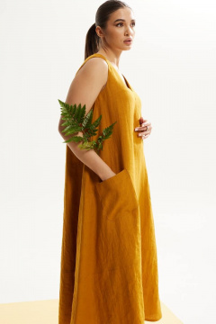 Платье свободного силуэта из льна с накладными карманами DAVA 141 горчица - фото 2