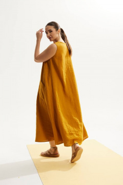 Платье свободного силуэта из льна с накладными карманами DAVA 141 горчица - фото 3