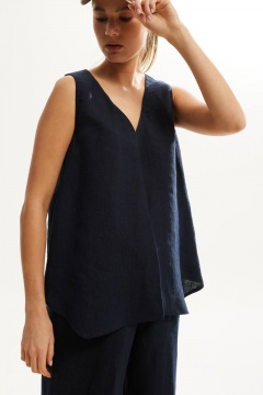 Леняной костюм с блузой и брюками на лето, свободный силуэт DAVA 142 синий - фото 4