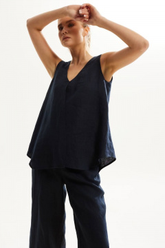 Леняной костюм с блузой и брюками на лето, свободный силуэт DAVA 142 синий - фото 3