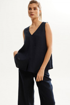 Леняной костюм с блузой и брюками на лето, свободный силуэт DAVA 142 синий - фото 2