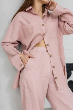 Деловой летний костюм из льна с рубашкой и брючками палаццо Atelero 1053 розовая_пудра - фото 3