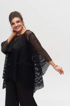 Блуза черного цвета с длинным рукавом ¾ из сетки Anelli 1329 черный/крупная_сетка. - фото 2