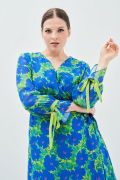 Льняное платье яркого цвета с V-образным вырезом и поясом Art Ribbon M3804P - фото 3