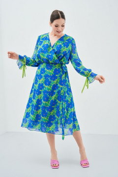 Льняное платье яркого цвета с V-образным вырезом и поясом Art Ribbon M3804P - фото 1
