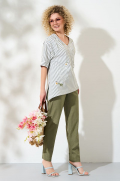 Льняной костюм из брюк и блузона с асимметричной молнией и карманами Euromoda 417 хаки-однотон - фото 4