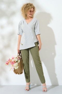 Льняной костюм из брюк и блузона с асимметричной молнией и карманами Euromoda 417 хаки-однотон - фото 1