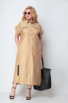 Летнее рубашечное платье из хлопка с разрезами и поясом Michel chic 993/1 песочный - фото 2