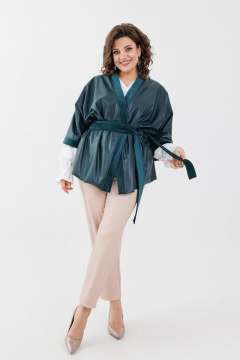 Кимоно из экокожи с поясом и замшевыми деталями Anelli 773 изумруд - фото 5