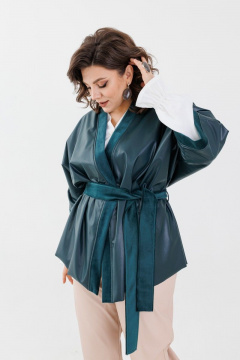 Кимоно из экокожи с поясом и замшевыми деталями Anelli 773 изумруд - фото 2