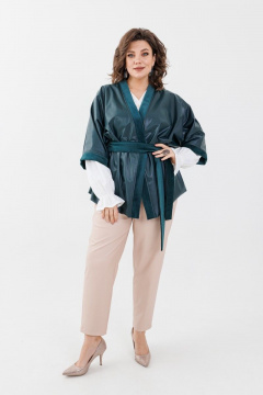 Кимоно из экокожи с поясом и замшевыми деталями Anelli 773 изумруд - фото 1