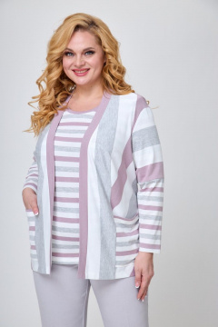 Стильный комплект из трикотажа: жакет, блуза и брюки Элль-стиль А-506/3 серо-розовый - фото 5