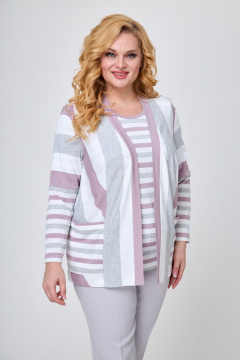 Стильный комплект из трикотажа: жакет, блуза и брюки Элль-стиль А-506/3 серо-розовый - фото 4