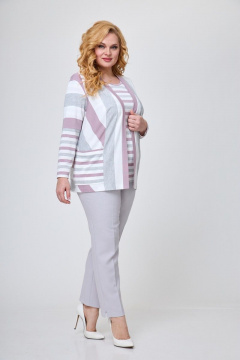 Стильный комплект из трикотажа: жакет, блуза и брюки Элль-стиль А-506/3 серо-розовый - фото 2