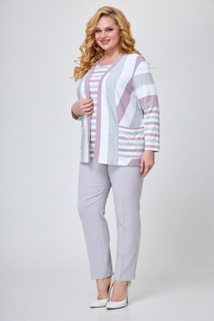 Стильный комплект из трикотажа: жакет, блуза и брюки Элль-стиль А-506/3 серо-розовый - фото 1