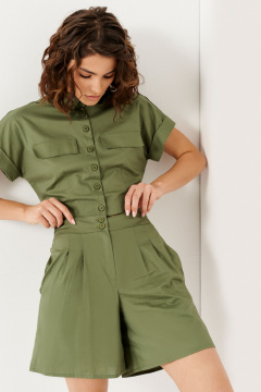 Летний костюм из хлопка брюки и жакет свободный стиль Панда 138520w хаки - фото 2