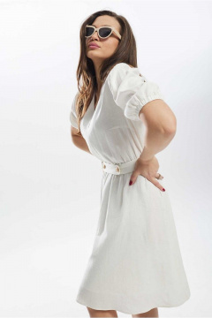 Расклешённое платье из льна с вытачками и поясом Mislana С927 белый - фото 3