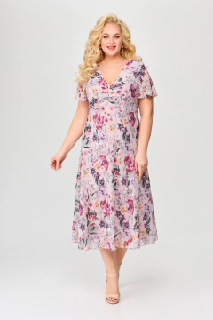 Платье прилегающее из шифона с V-образным вырезом и расширенной линией низа Slaviaelit 428-1 лиловое - фото 1