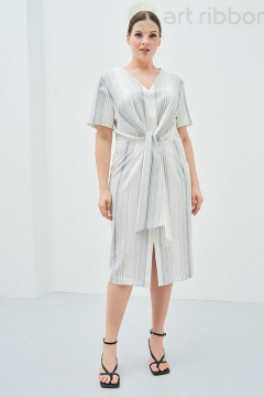 Леняное платье в полоску с поясом и разрезом, V-образный вырез Art Ribbon M3849P - фото 1