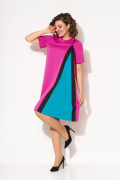Платье на каждый день с асимметричным дизайном и воротником хомут Koketka i K 1029 розовый+бирюза - фото 4