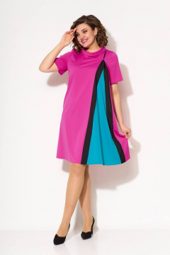 Платье на каждый день с асимметричным дизайном и воротником хомут Koketka i K 1029 розовый+бирюза - фото 3