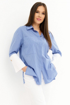 Свободная летняя блуза из текстиля с удлиненной манжетой Магия моды 2256 голубой_полоска - фото 1