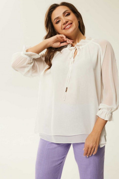 Белая свободная блуза с сборками и рукавами с резинкой Mislana 791 белый - фото 3