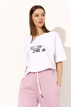 Трикотажный костюм с футболкой и зауженными брюками DILIA 0744 пудровый - фото 2