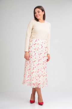 Летняя юбка из шифона с широким эластичным поясом Avenue 0602 молоко/маки - фото 2