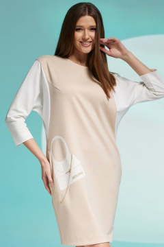 Платье свободное из трикотажа с боковыми карманами и капелькой Faufilure C1430 бежевый - фото 5