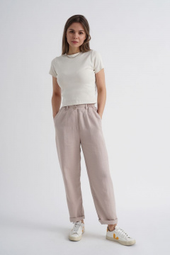 Брюки-бананы из льна с эффектом мятости и резинкой Mirolia 1155 бежевый - фото 2