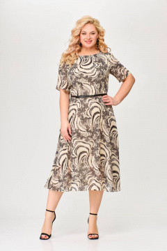Платье из шифона с талиевыми вытачками и расклешенной юбкой Swallow 661 принт_бежево-черный - фото 1