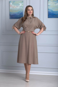 Легкое платье из шифона с съемным поясом и воротником стойка Anelli 670 беж+горох - фото 2