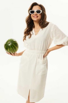 Летнее платье из льна с кружевной отделкой и карманами Mislana С939 молоко - фото 5